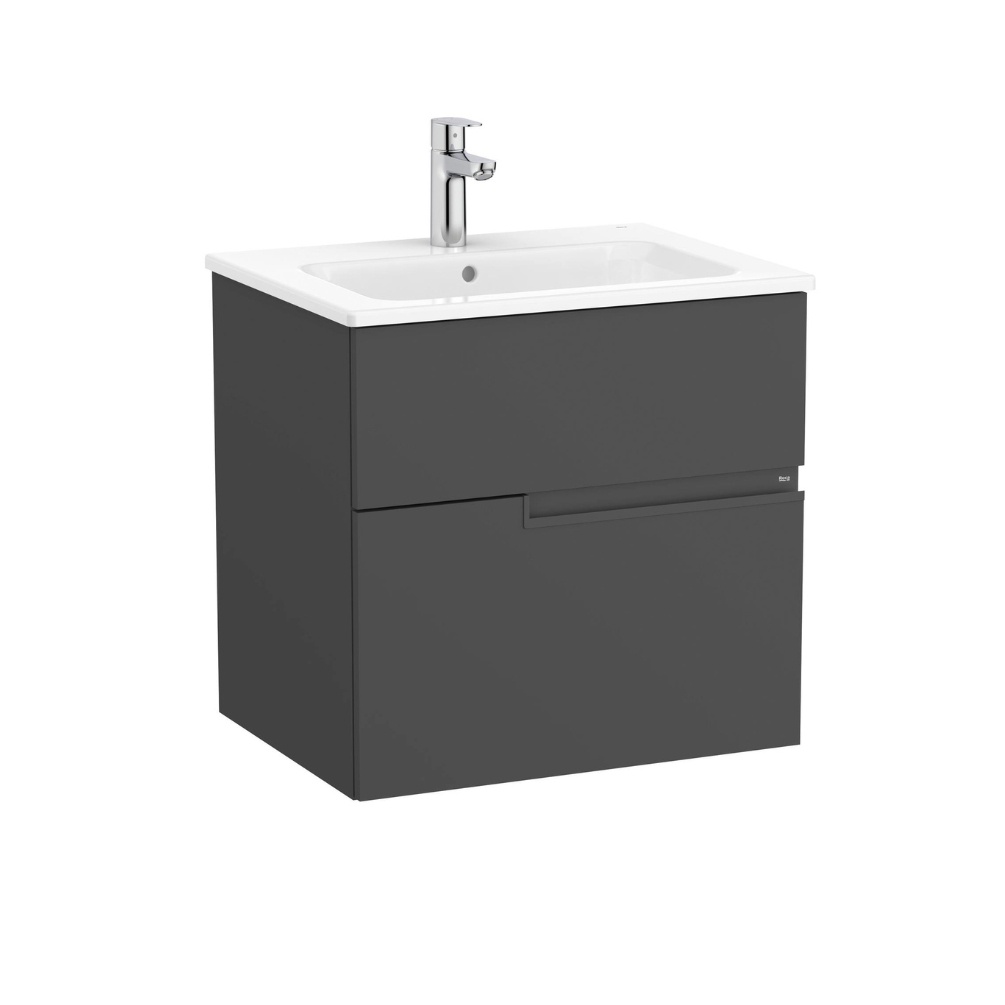 Product cut out image of the Roca Victoria-N Unik Onyx 600mm Wall Hung 2 Drawer Vanity Unit & Basin